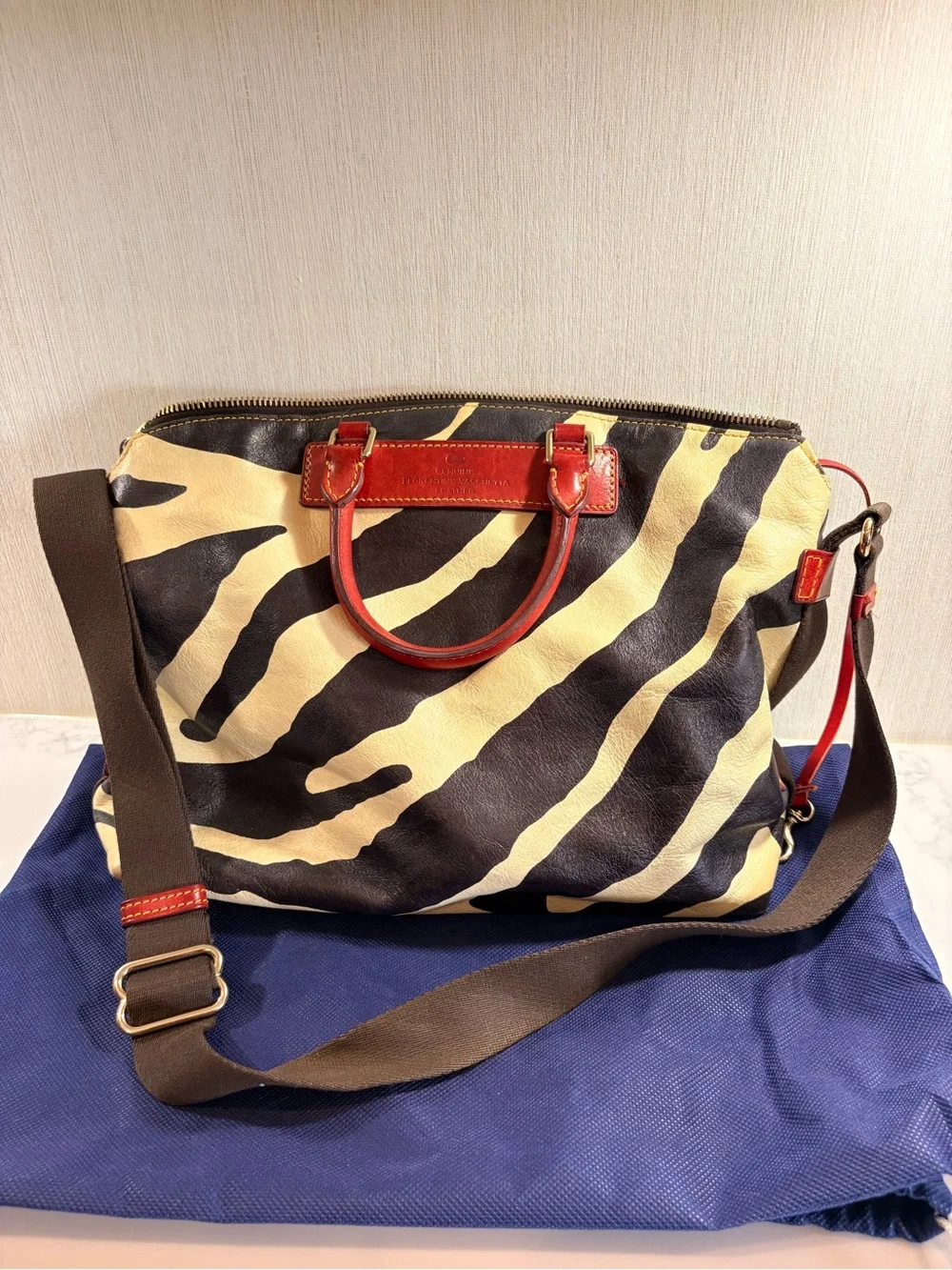 Dooney & Bourke Black and Cream Zebra Satchel with Red Trim